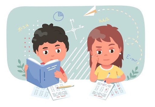 2 kids are studying.